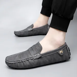Men's casual grey slip-on leather loafers driving moccasins comfortable flat shoes