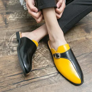 Men's Retro Color-Block Slip-On Leather Mules Summer Casual Breathable Half Shoes