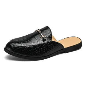 Men black crocodile pattern leather mule shoes casual slip-on loafer with metal buckle