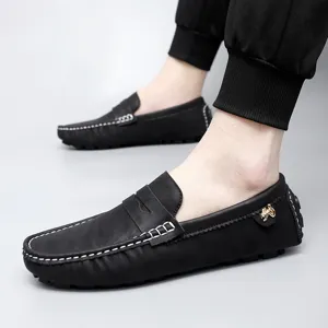 Men casual leather loafers slip on driving moccasins comfortable flat shoes black footwear