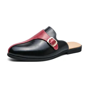 Men's retro color-blocked slip-on leather mules summer casual outdoor stylish shoes.