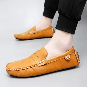 Men casual leather loafers slip on driving moccasins comfortable flat shoes yellow main view