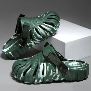 Summer thick platform clog shoes for men and women, stylish cutout design, green casual sandals.