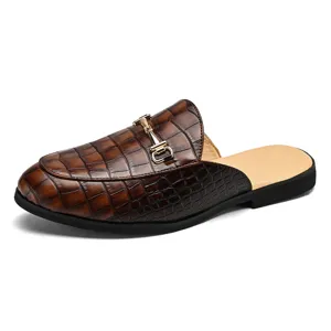 Men's crocodile pattern leather backless slip-on mules casual flat shoes with metal buckle