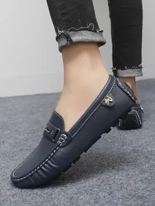 Men's navy blue leather driving loafers casual slip-on flat shoes fashion detail view