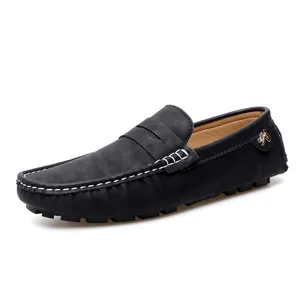 Classic men's black leather loafers slip-on casual driving shoes with stylish white stitching.