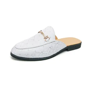 Men's white casual flat mule loafers with metal horsebit buckle, slip-on summer shoes.