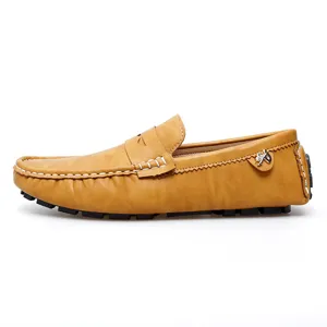 Men's casual yellow leather driving loafers slip-on flat shoes with metal logo detail