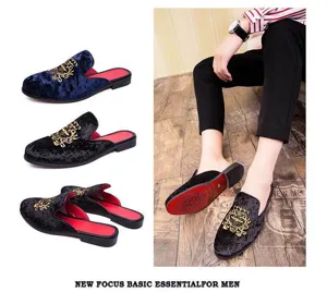 Men's velvet backless loafers with gold embroidery and red lining, stylish casual mules.