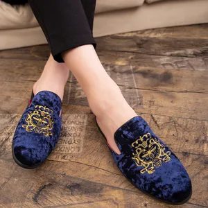 Men's blue velvet embroidered backless loafers, stylish casual slip-on mule shoes.