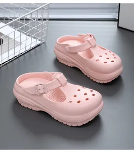 Detailed view of pink thick-soled Mary Jane sandals, breathable summer beach clogs footwear.