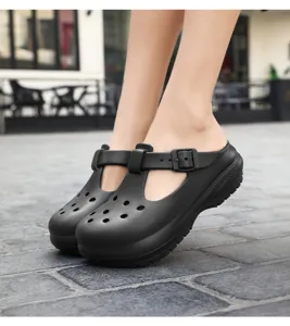 Women black thick sole Mary Jane sandals summer breathable beach shoes casual footwear detail