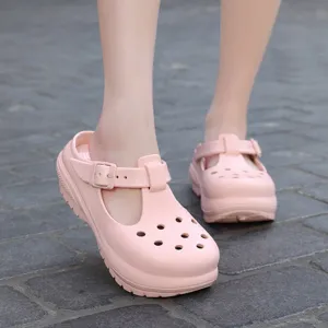 Pink thick bottom Mary Jane clogs, summer outdoor beach shoes with breathable holes.