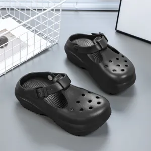 Women's black thick platform Mary Jane clogs, casual summer beach breathable slip-on sandals.