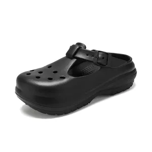 Black platform Mary Jane clogs, comfortable summer beach shoes with breathable holes and buckle.