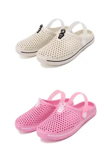 Kids breathable summer clogs and beach sandals detail view showing holes and backstrap design.