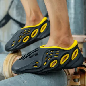 Men's hollow breathable foam beach clogs summer casual water sandals black yellow