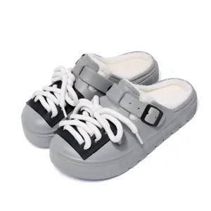 Grey thick bottom plush lined winter clogs with cozy warm faux fur and trendy chunky laces.