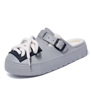 Winter warm plush lined thick platform clogs casual slip-on shoes with decorative laces.