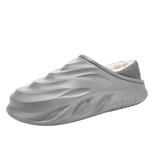 Graue gefütterte Winter-Clogs für Damen und Herren, warme wasserdichte Hausschuhe.