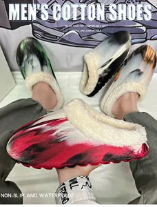 Detail view of men winter plush lined warm cotton slippers with thick waterproof sole.