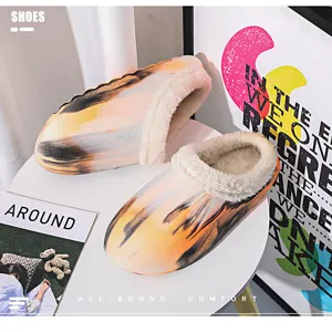 Winter plush warm cotton slippers for couples, thick sole indoor anti-slip casual shoes.