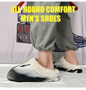 Winter warm fleece lined cotton slippers for men, plush indoor anti slip thick sole shoes.