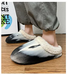 Winter warm plush cotton slippers detail, thick sole indoor anti-slip couple shoes, cozy fleece.