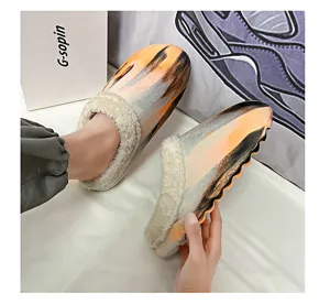 Winter plush cotton slippers for men warm thick platform fleece lined indoor home shoes