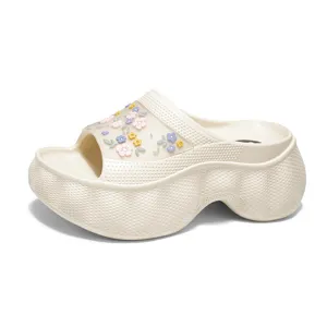 Beige platform slide sandals for women with cute floral decor summer beach casual shoes