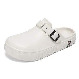 Men's closed-toe white clogs featuring adjustable black buckle, casual outdoor footwear.
