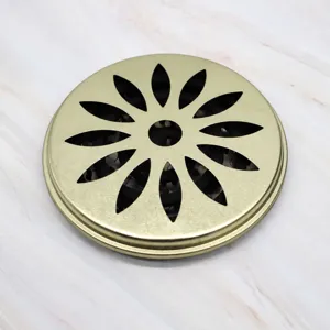 Gold round metal mosquito coil holder tray with floral cutout lid for home outdoor use