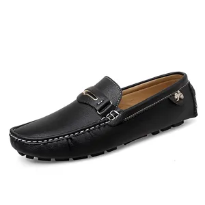 Men's black leather casual slip-on driving loafers shoes with metal buckle and soft sole.