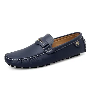 Men's navy blue leather driving shoes casual loafers slip on flat moccasins footwear for daily wear.