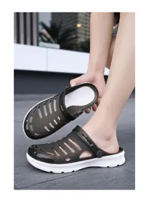 Detailed view of unisex platform garden clogs with breathable holes and anti-slip sole.