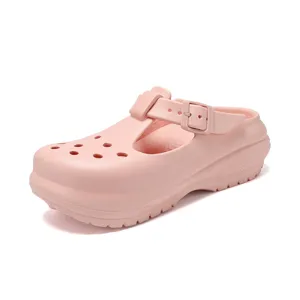 Pink thick-soled Mary Jane clogs, summer casual beach shoes for women, breathable cutout design.