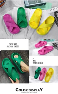 Detailed view of women's summer thick-soled cross-strap casual slippers in multiple bright colors.