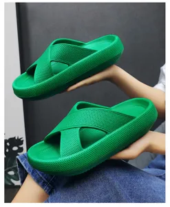 Comfortable thick sole cross strap women slippers summer non-slip bathroom sandals green