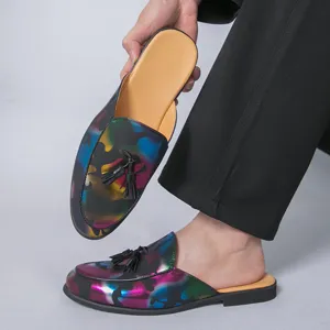 Heren Casual Puntige Mules Platte Slippers Kunstleer Verloop Print Kwastje Slip-on Vrijetijdsschoenen