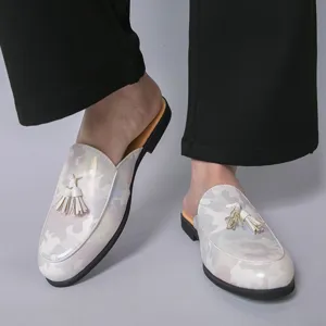 Heren zomer rugloze lederen loafers casual spitse neus kwastjes mules schoenen voor