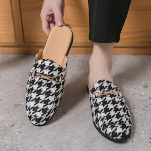 Men's breathable houndstooth slip-on mule shoes casual backless loafers with metal buckle.