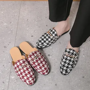 Men's casual houndstooth backless loafers breathable slip-on leather mules shoes.
