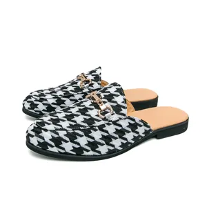 Men's black white houndstooth mule shoes metal horsebit casual slip on backless loafers