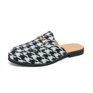 Houndstooth mules for women men, stylish metal horsebit flat slip on casual backless loafers.