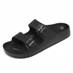 Sandales plates noires à double boucle pour hommes et femmes, semelle épaisse confortable d'été.