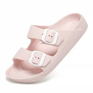 Sandales plates roses à double boucles pour hommes et femmes, chaussures de plage été.