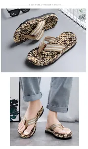 Men's camouflage flip flops with comfortable soft sole and durable fabric straps for beach.
