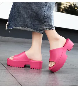Chunky platform slide sandals for women, thick sole solid color summer outdoor slippers.