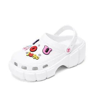 Women platform clogs white thick sole garden shoes cute charms summer beach sandals slip-on