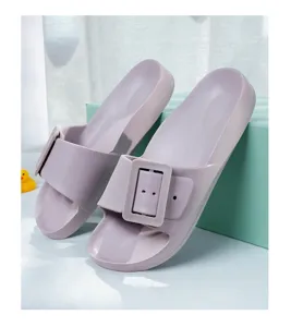 Light purple slide sandals for women and men, summer flat shoes with large decorative buckle.